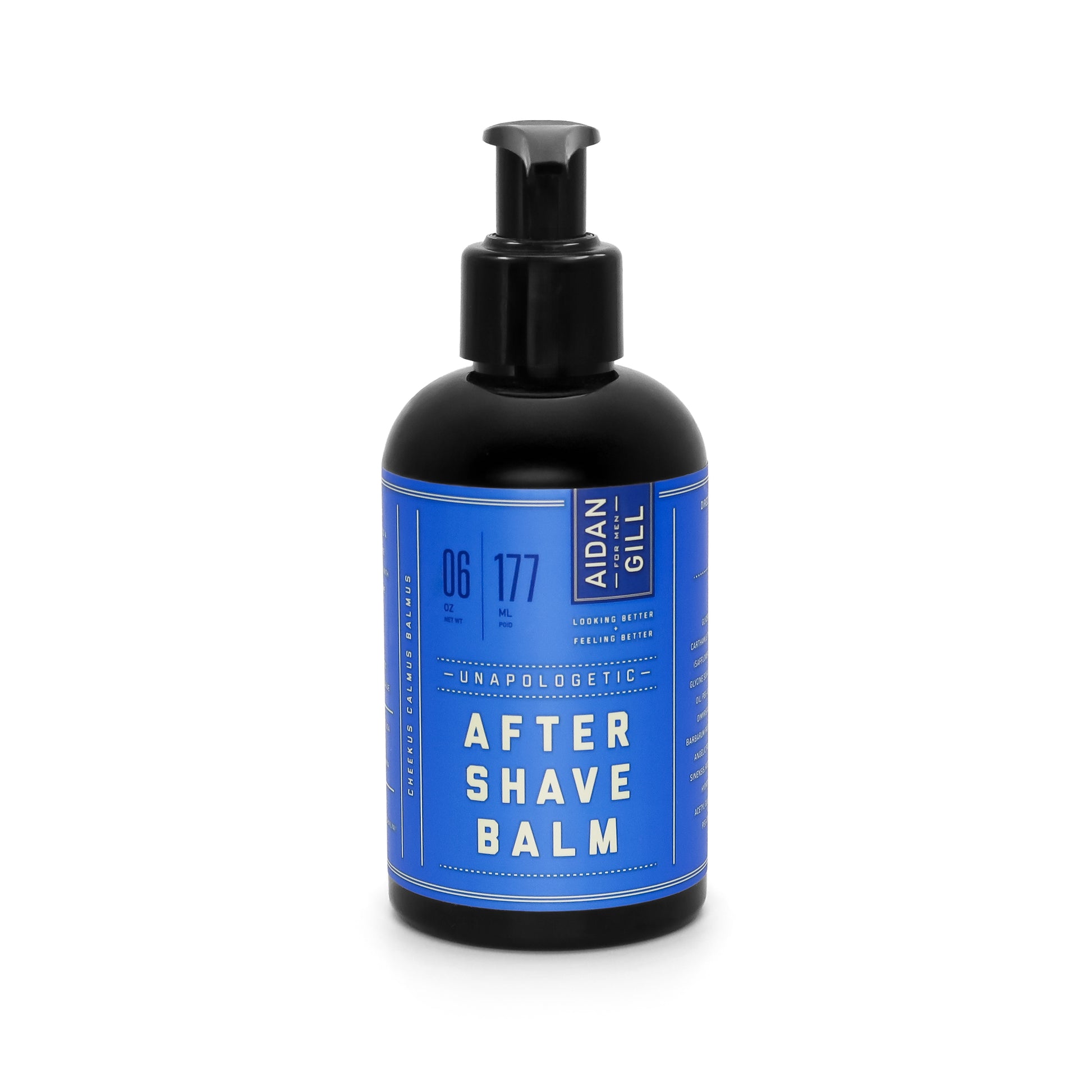 Front view of  Aidan Gill after shave balm bottle on a white background