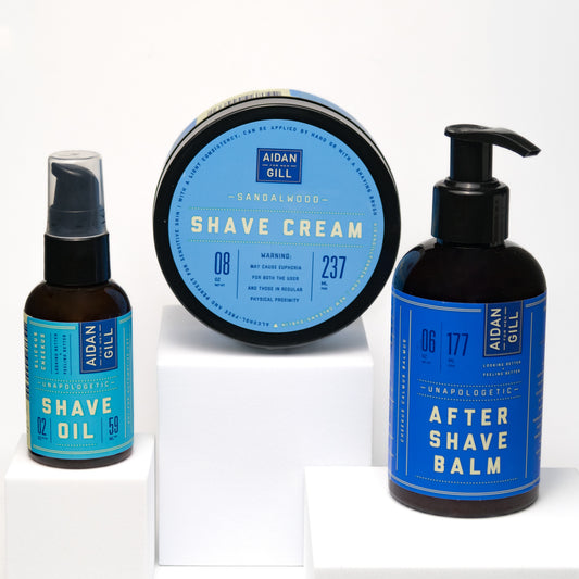 Image of Aidan Gill for Men 3-Step Shave System. Shows shave oil bottle, shave cream jar, and after shave balm bottle in one product shot.