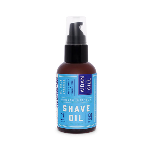 Bottle of Aidan Gill Shave Oil on a white background